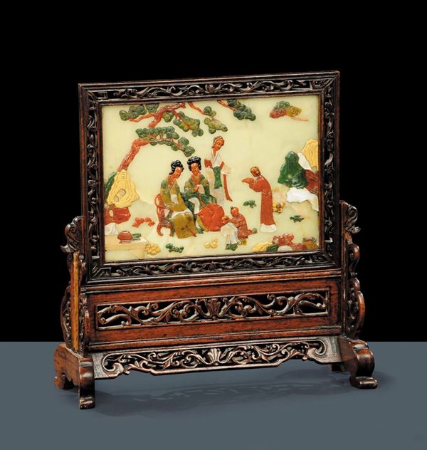Placca di giada con cornice in legno, Cina dinastia Qing