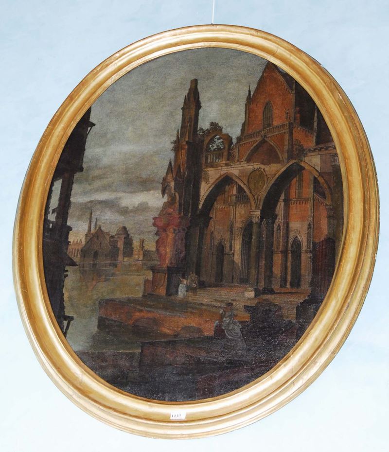 Scuola dell'Italia Settentrionale del XIX secolo Paesaggio con architetture  - Asta Antiquariato, Argenti e Dipinti Antichi - Cambi Casa d'Aste