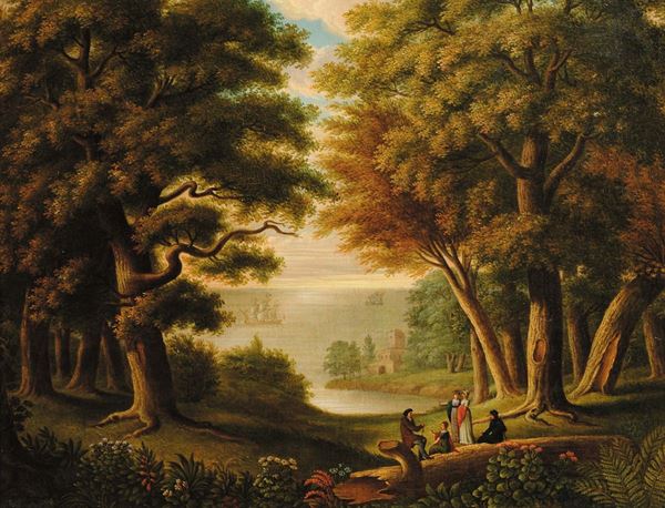 Scuola Fiamminga della fine del XIX secolo Paesaggio marino con figure e barche