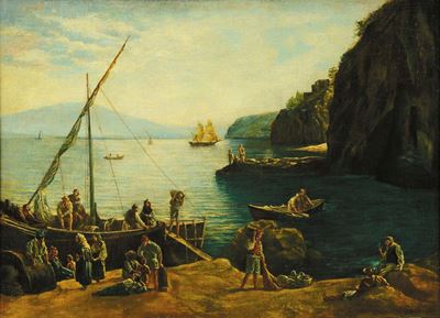 Scuola Francese del XIX Secolopaesaggio Marino con Barche e Pescatori