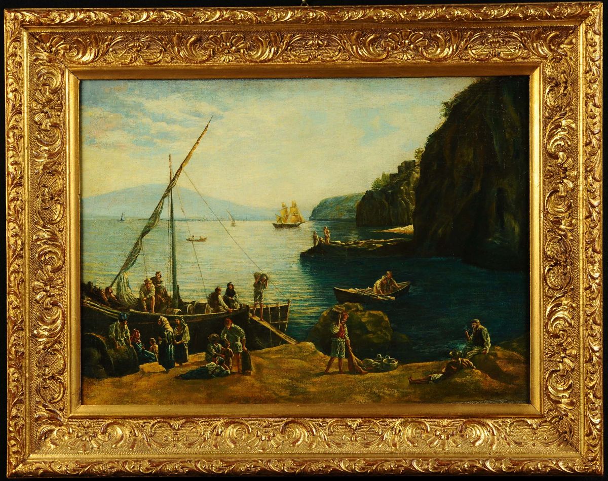 Scuola Francese del XIX Secolopaesaggio Marino con Barche e Pescatori