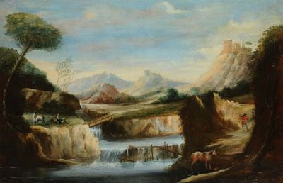 Scuola Italiana del XIX Secolopaesaggio con Armenti e Cascata