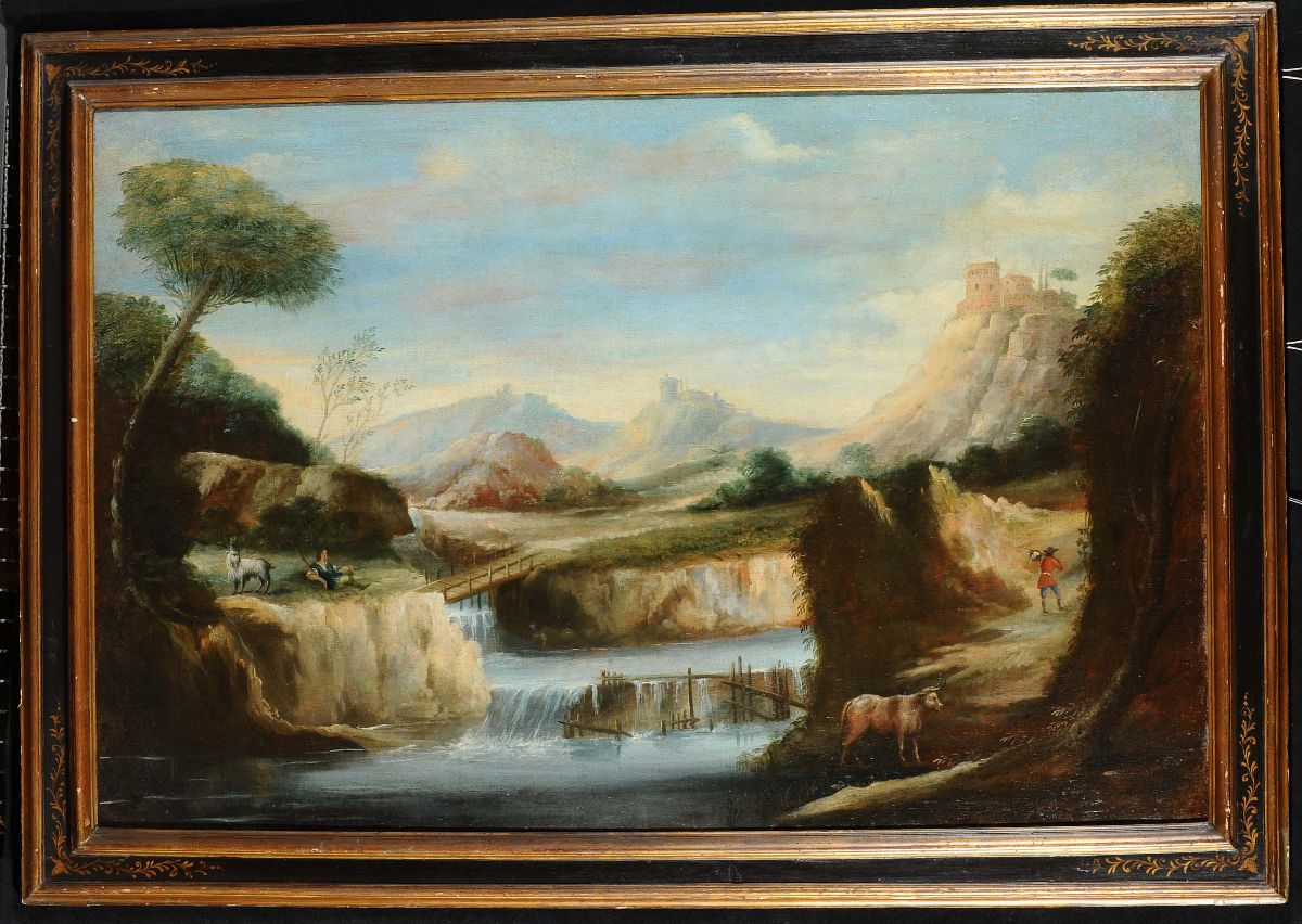 Scuola Italiana del XIX Secolopaesaggio con Armenti e Cascata