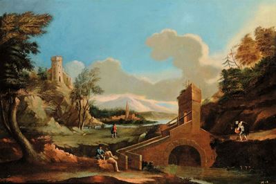 Marco Ricci (1676-1730), Seguace Dipaesaggi con Figure, Case a Cascate