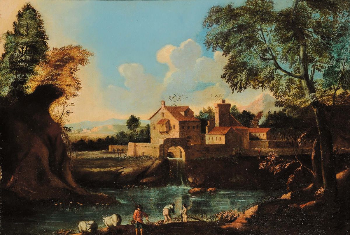 Marco Ricci (1676-1730), Seguace Dipaesaggi con Figure, Case a Cascate