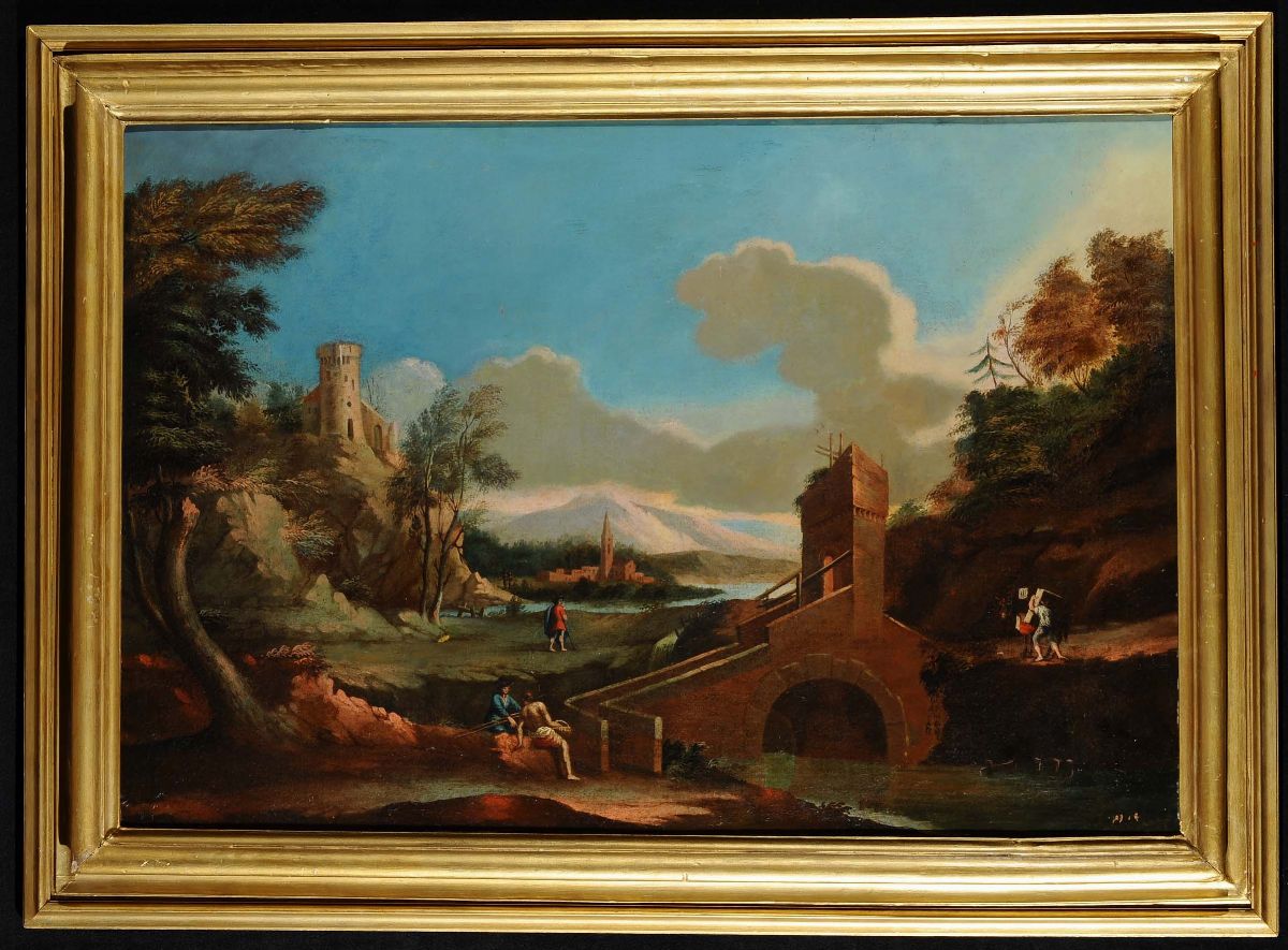 Marco Ricci (1676-1730), Seguace Dipaesaggi con Figure, Case a Cascate