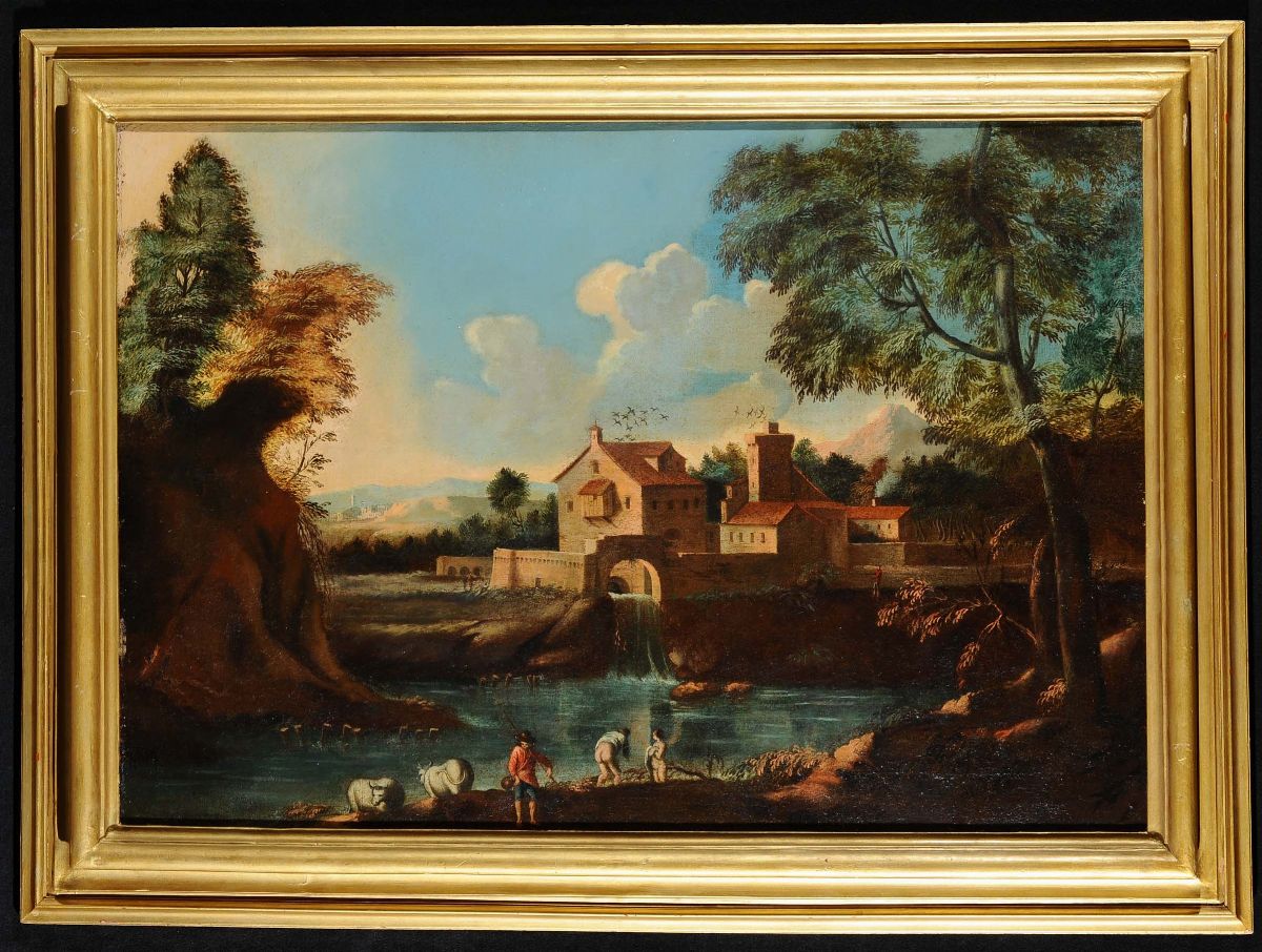 Marco Ricci (1676-1730), Seguace Dipaesaggi con Figure, Case a Cascate