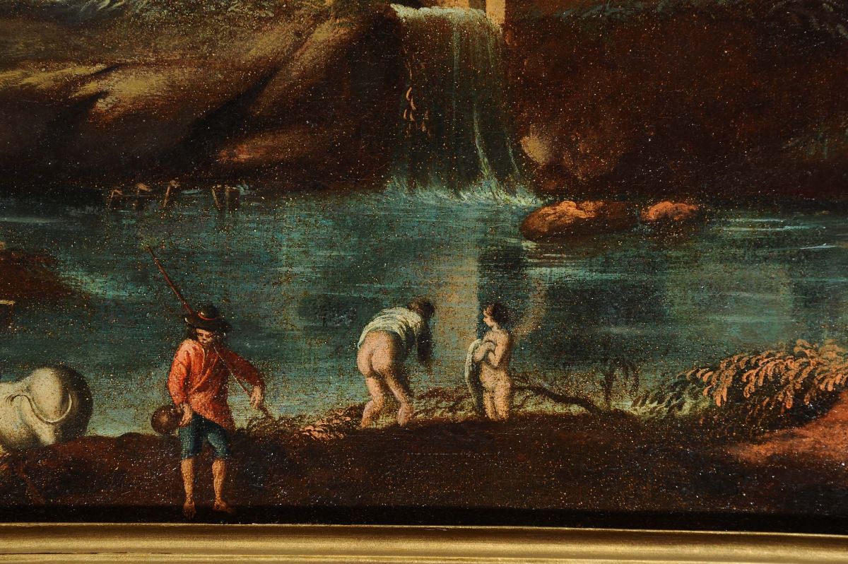 Marco Ricci (1676-1730), Seguace Dipaesaggi con Figure, Case a Cascate