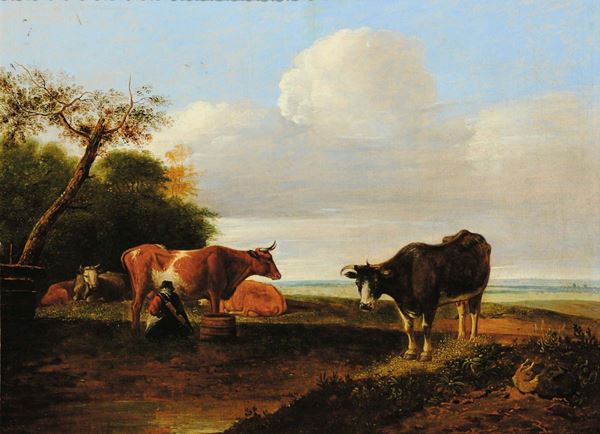 Scuola Olandese della fine del XVIII secolo Paesaggio con armenti