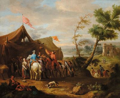 Philips Wouwerman (1619-1668), Seguace Discena Allõaperto Raffigurante Accampamento con Cavalieri