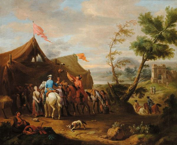 Philips Wouwerman (1619-1668), seguace di Scena allÕaperto raffigurante accampamento con cavalieri