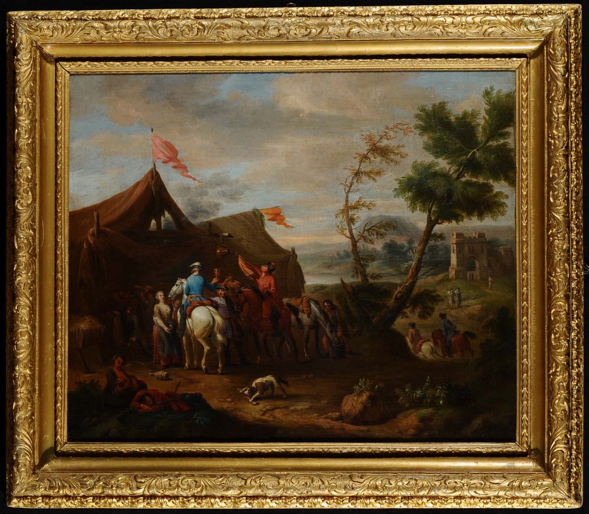 Philips Wouwerman (1619-1668), Seguace Discena Allõaperto Raffigurante Accampamento con Cavalieri