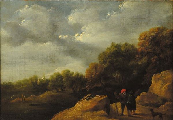 David Teniers (1610-1690), alla maniera di Paesaggio boschivo con fiume e figure