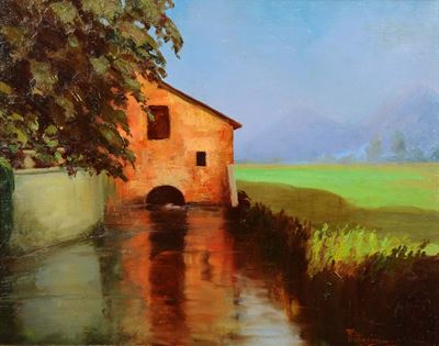 F. Pellizzaripaesaggio con Case e Fiume a Lambrate