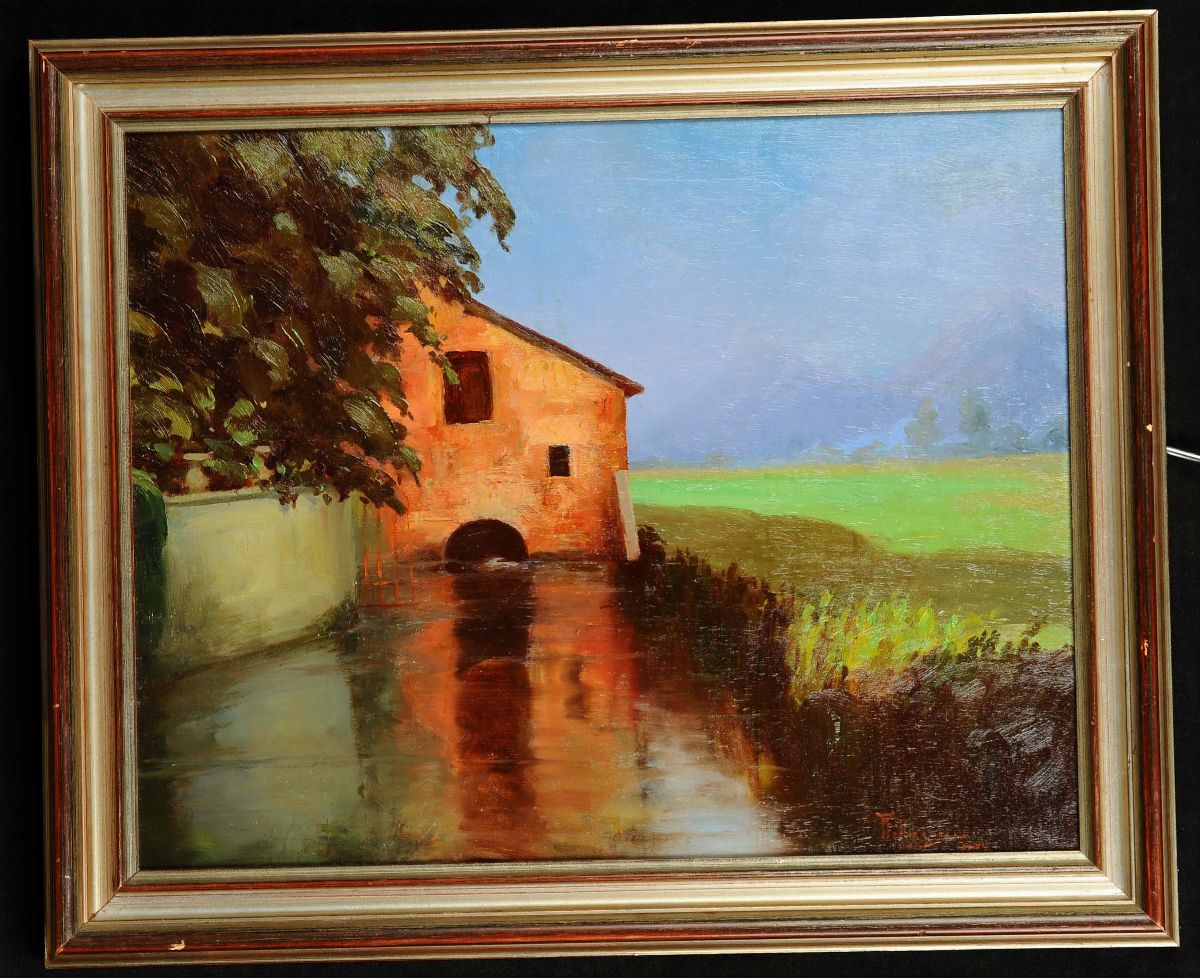 F. Pellizzaripaesaggio con Case e Fiume a Lambrate