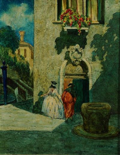 Rodolfo Paoletti (1866-1930)canale Veneziano con Maschere