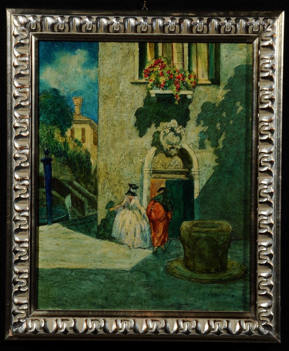 Rodolfo Paoletti (1866-1930)canale Veneziano con Maschere