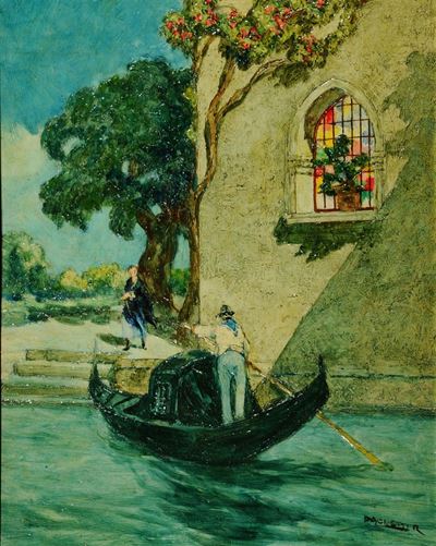 Rodolfo Paoletti (1866-1930)veduta Veneziana con Gondoliere e Dama