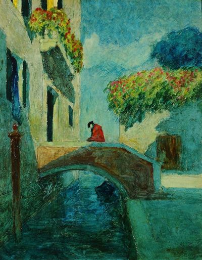 Rodolfo Paoletti (1866-1930)veduta Veneziana con Maschere su Ponte
