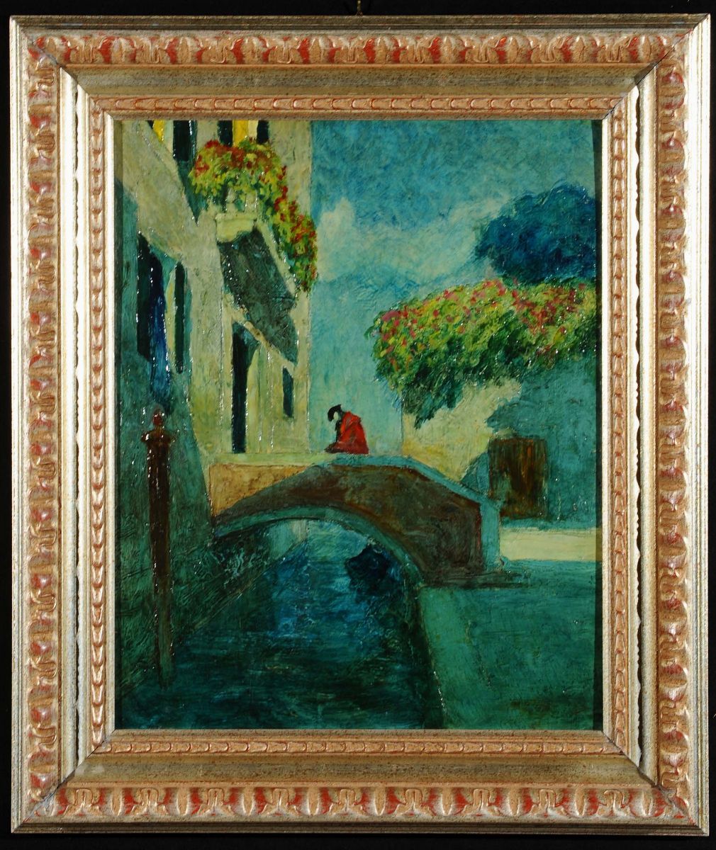 Rodolfo Paoletti (1866-1930)veduta Veneziana con Maschere su Ponte