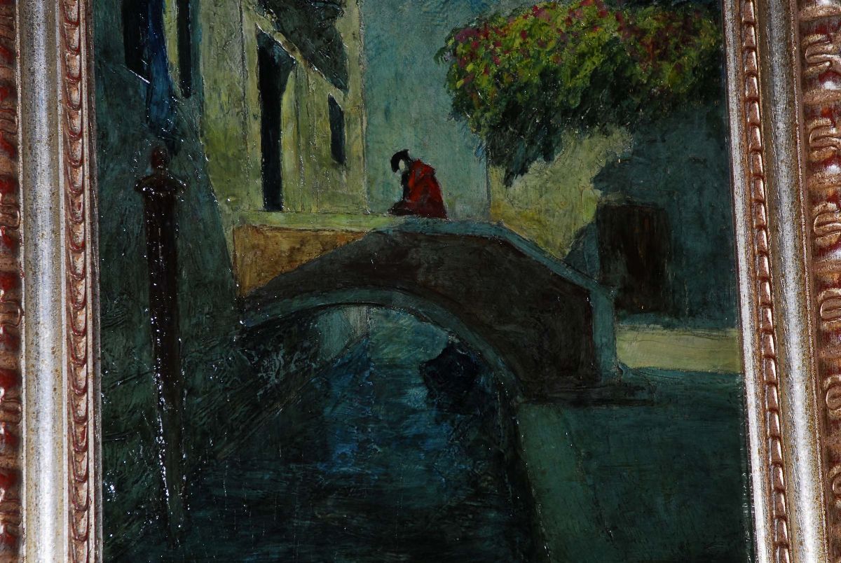 Rodolfo Paoletti (1866-1930)veduta Veneziana con Maschere su Ponte