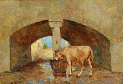 Rodolfo Paoletti (1866-1930)armento che Si Abbevera Sotto il Ponte di un Borgo Gardesano