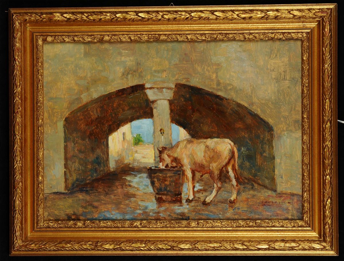 Rodolfo Paoletti (1866-1930)armento che Si Abbevera Sotto il Ponte di un Borgo Gardesano