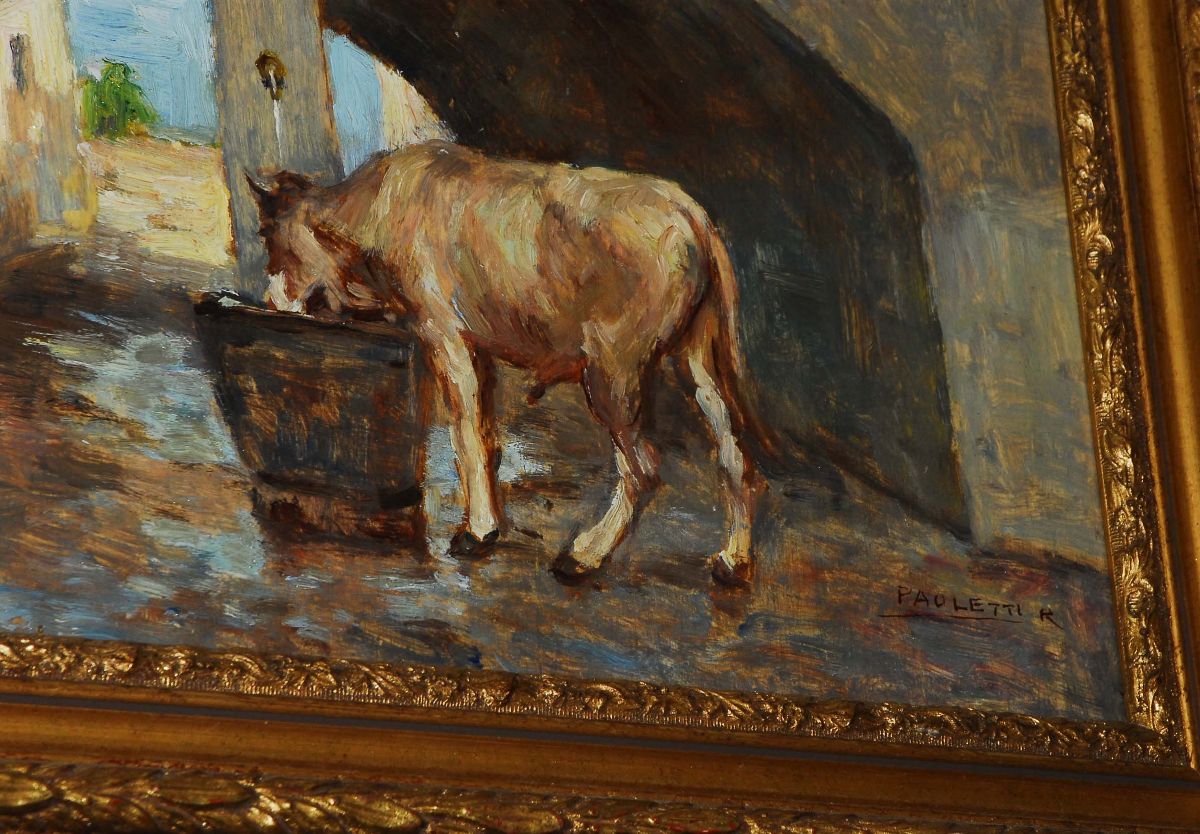 Rodolfo Paoletti (1866-1930)armento che Si Abbevera Sotto il Ponte di un Borgo Gardesano
