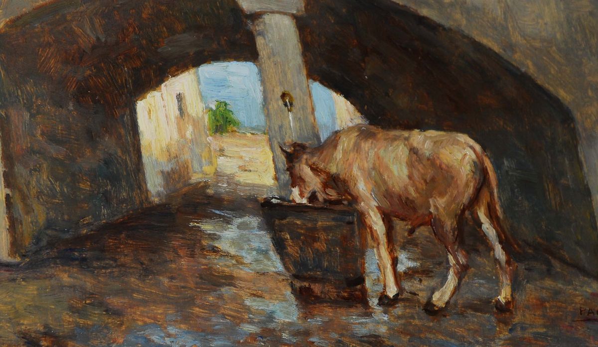 Rodolfo Paoletti (1866-1930)armento che Si Abbevera Sotto il Ponte di un Borgo Gardesano