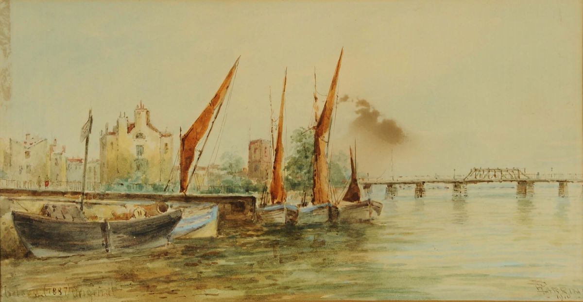 E. Parrini (XIX-XX)veduta di Laguna con Ponte e Barche a Vela Veduta di Laguna con Ponte e Scorci...