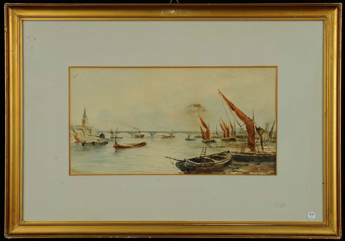 E. Parrini (XIX-XX)veduta di Laguna con Ponte e Barche a Vela Veduta di Laguna con Ponte e Scorci...