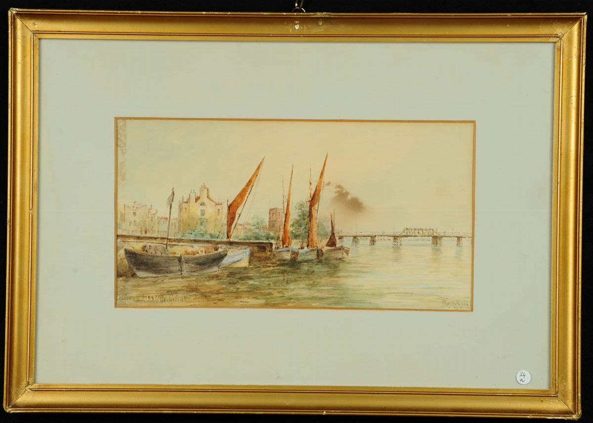 E. Parrini (XIX-XX)veduta di Laguna con Ponte e Barche a Vela Veduta di Laguna con Ponte e Scorci...