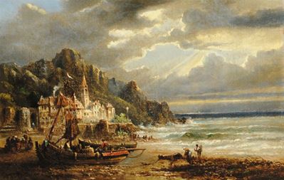 Felice Auguste Rezia (attivo tra 1857-1907)marina con Pescatori sulla Baia