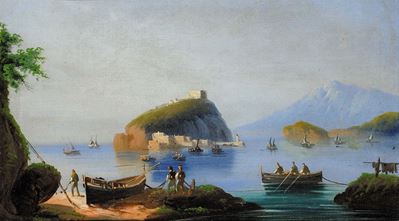 Scuola Italiana del XIX Secoloveduta di Procida con Imbarcazioni e Pescatori