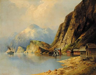Karl Kaufmann (1843-1902)paesaggio Montano con Lago e Case