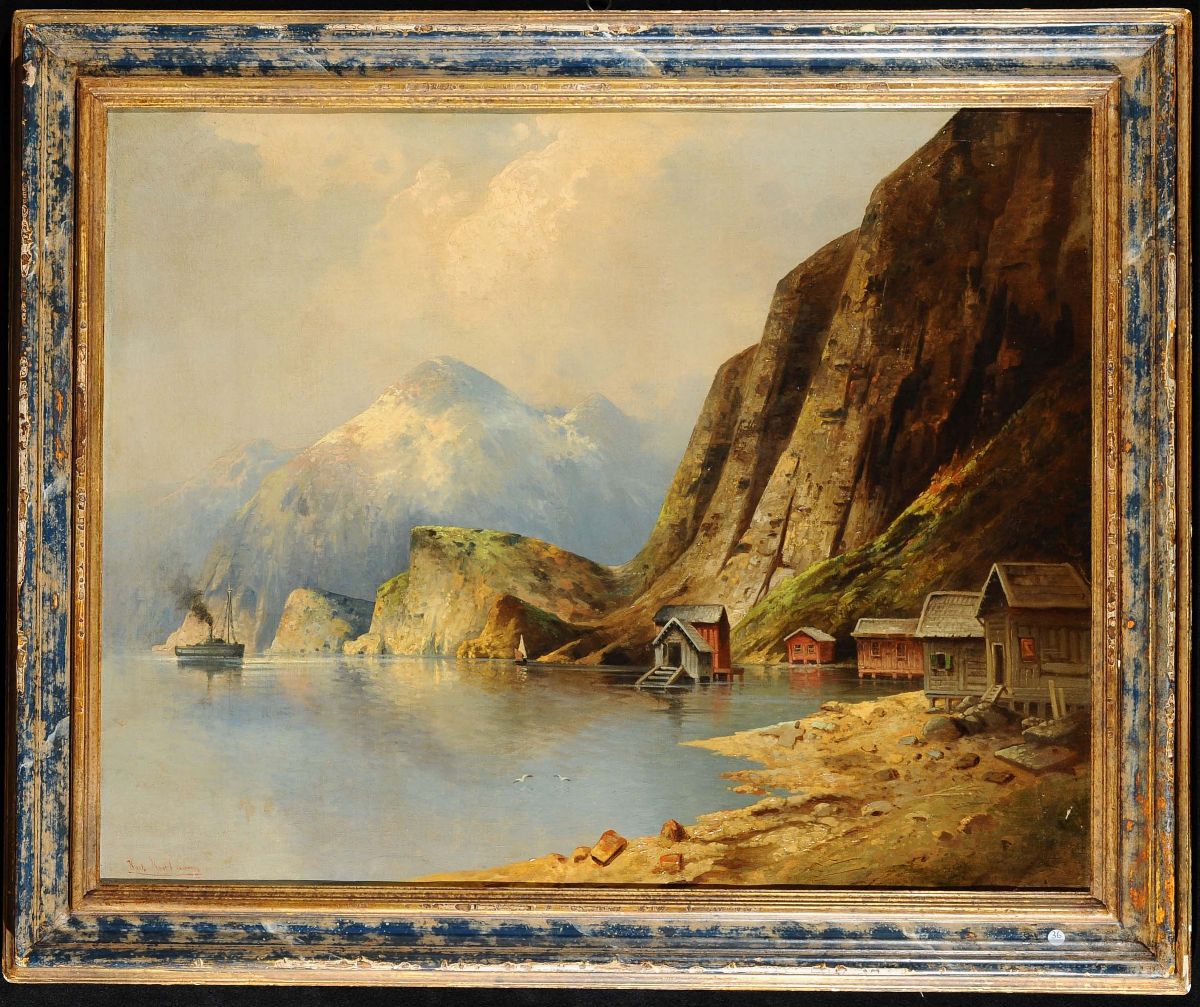 Karl Kaufmann (1843-1902)paesaggio Montano con Lago e Case