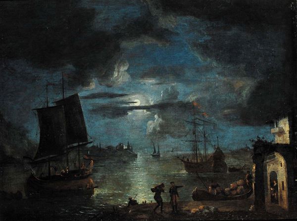 Scuola Francese della fine del XVIII secolo Veduta notturna con navi e figure all chiaro di luna