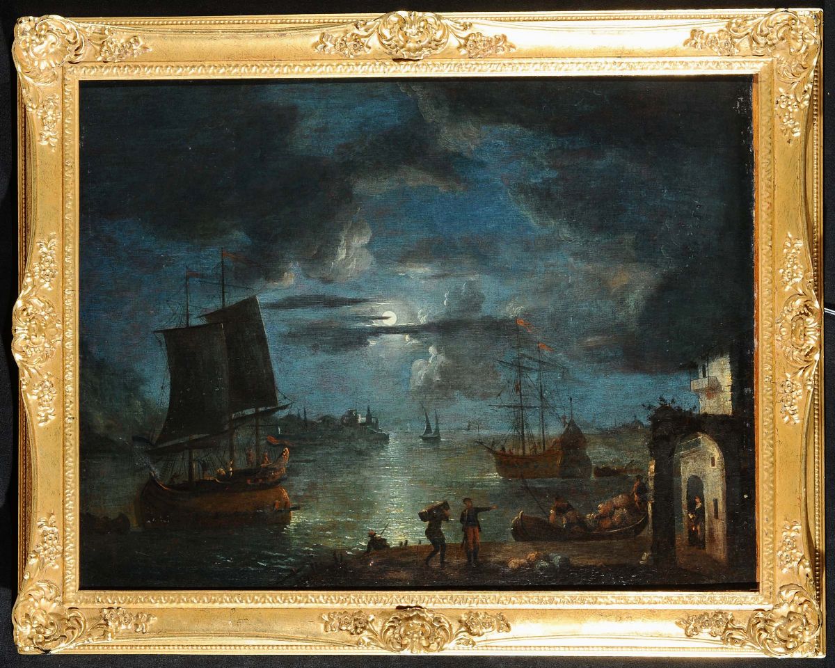 Scuola Francese della Fine del XVIII Secoloveduta Notturna con Navi e Figure All Chiaro di Luna