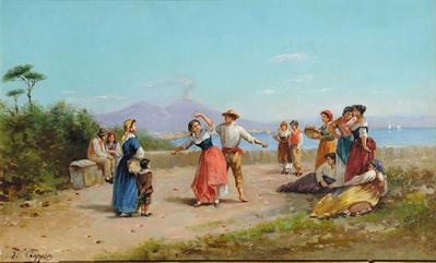 Vincenzo Ciappa (1766-1826)danzatori di Tarantella con Veduta del Golfo di Napoli