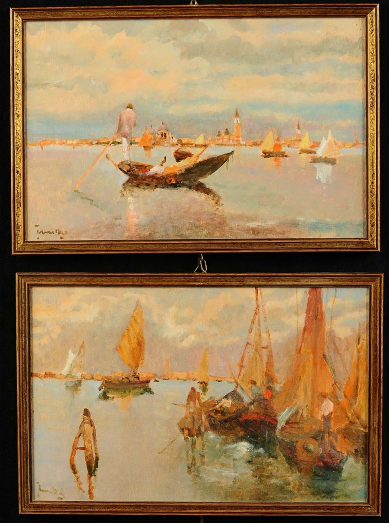 Enrico Frattini (1890-1968) In laguna Barche da pesca  - Asta Dipinti del XIX e XX secolo - II - Cambi Casa d'Aste