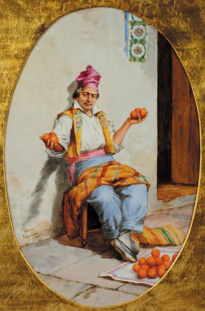 Placca Ovale in Porcellana Raffigurante Venditore di Arance, XIX Secolo