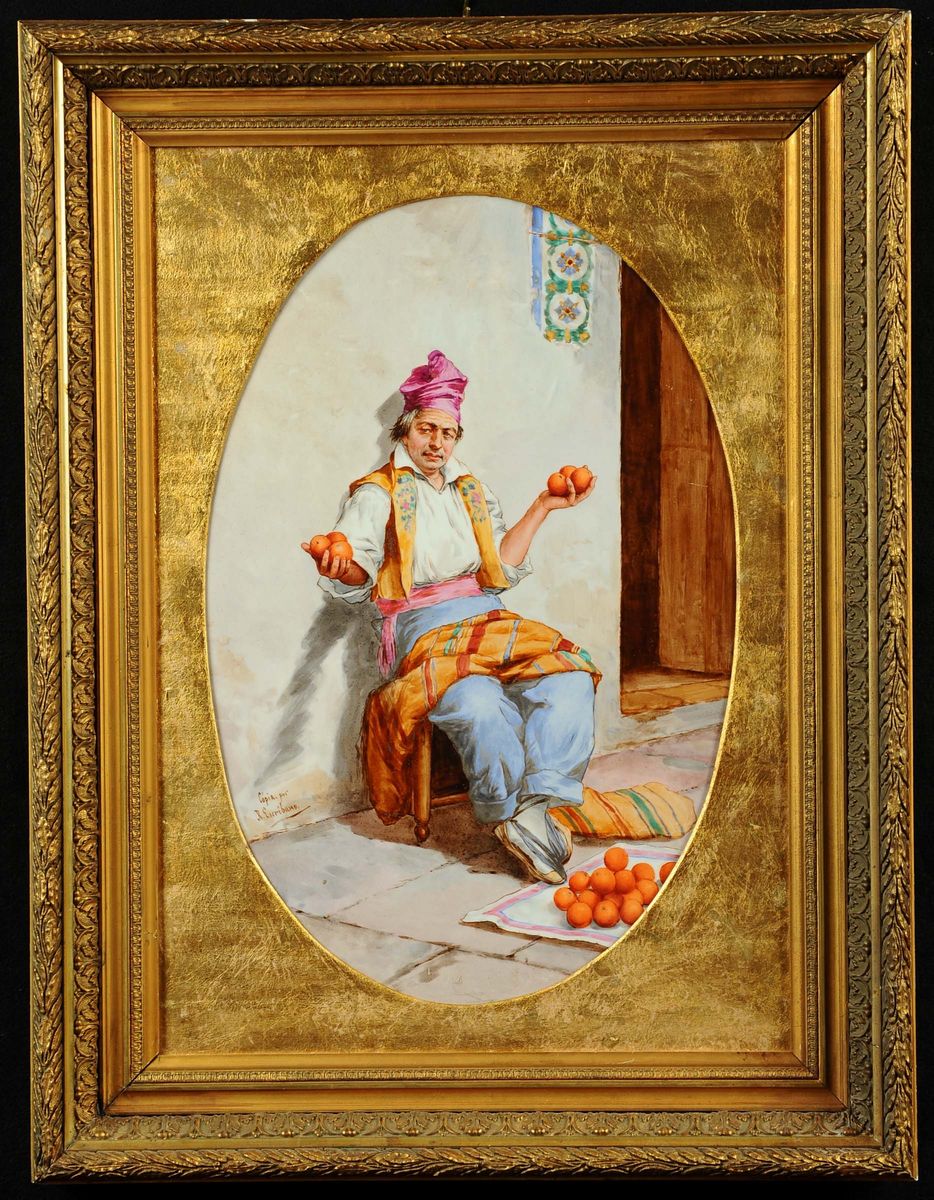 Placca Ovale in Porcellana Raffigurante Venditore di Arance, XIX Secolo