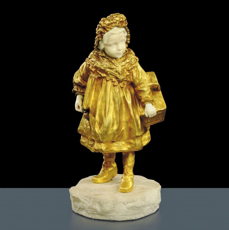 Scultura in bronzo dorato raffigurante bambina, Germania XIX secolo  - Asta Antiquariato, Argenti e Dipinti Antichi - Cambi Casa d'Aste