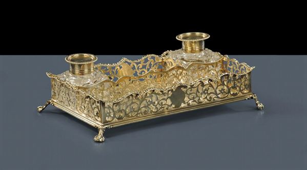 Calamaio a galleria in argento vittoriano, Argentieri Charles & George Fox, cittˆ di Londra 1845