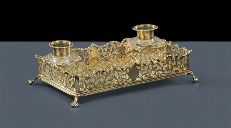 Calamaio a galleria in argento vittoriano, Argentieri Charles & George Fox, cittˆ di Londra 1845  - Auction Antiquariato, Argenti e Dipinti Antichi - Cambi Casa d'Aste