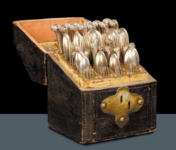 Servizio di posate in scatola originale in cuoio, modello San Marco - Venezia 1790