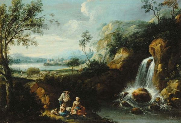 Gaetano Zais (XVIII secolo) Paesaggio fluviale con cascata e figure