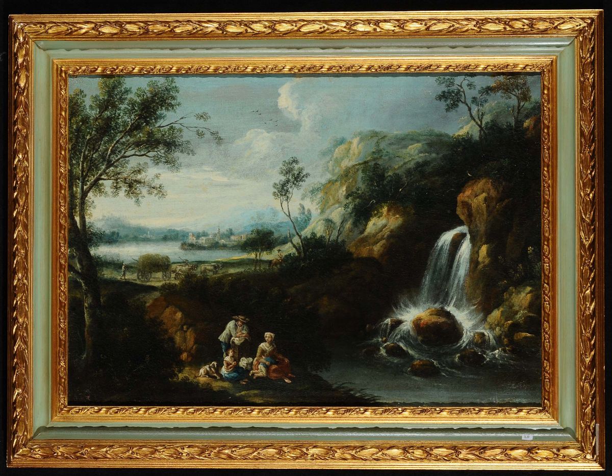 Gaetano Zais (XVIII Secolo)paesaggio Fluviale con Cascata e Figure