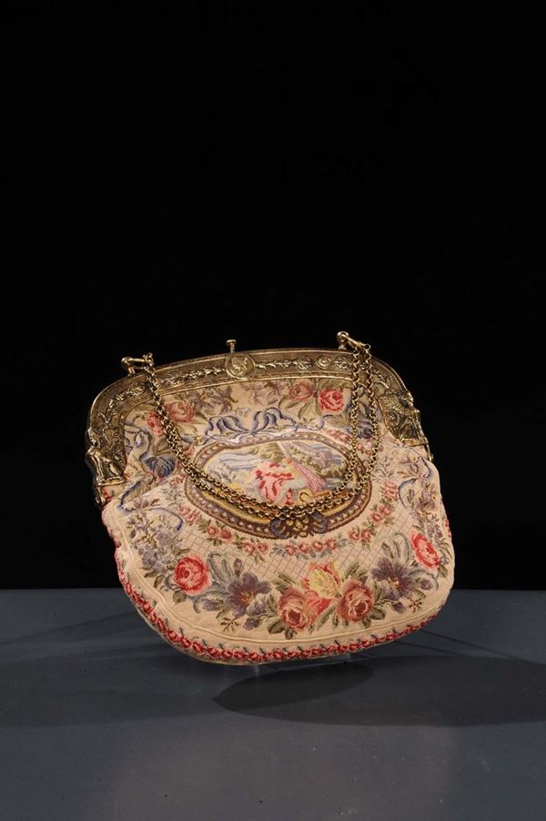 Piccola borsa ricamata con tessuto a piccolo punto, XVIII secolo