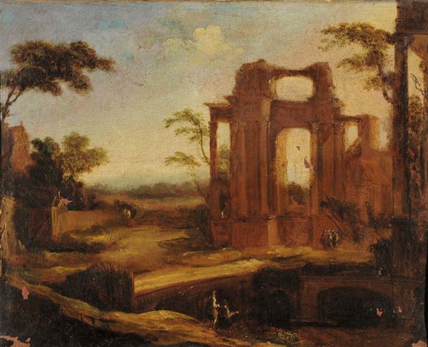 Scuola del XVIII secolo Paesaggio con rovinePaesaggio con rovine